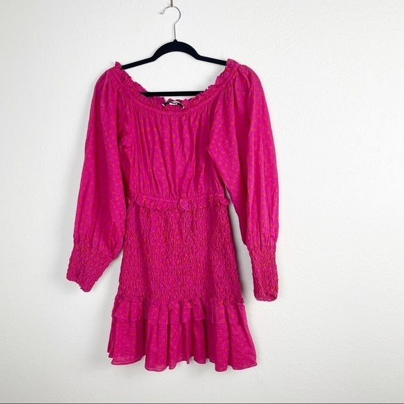 Alexis Marilena Off the Shoulder Mini Dress Pink Cotton Smocked Ruffle - Picture 4 of 6